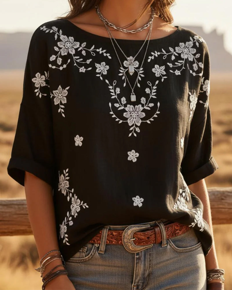 Blouse Col Rond Épaule Tombante Lâche Fleurie