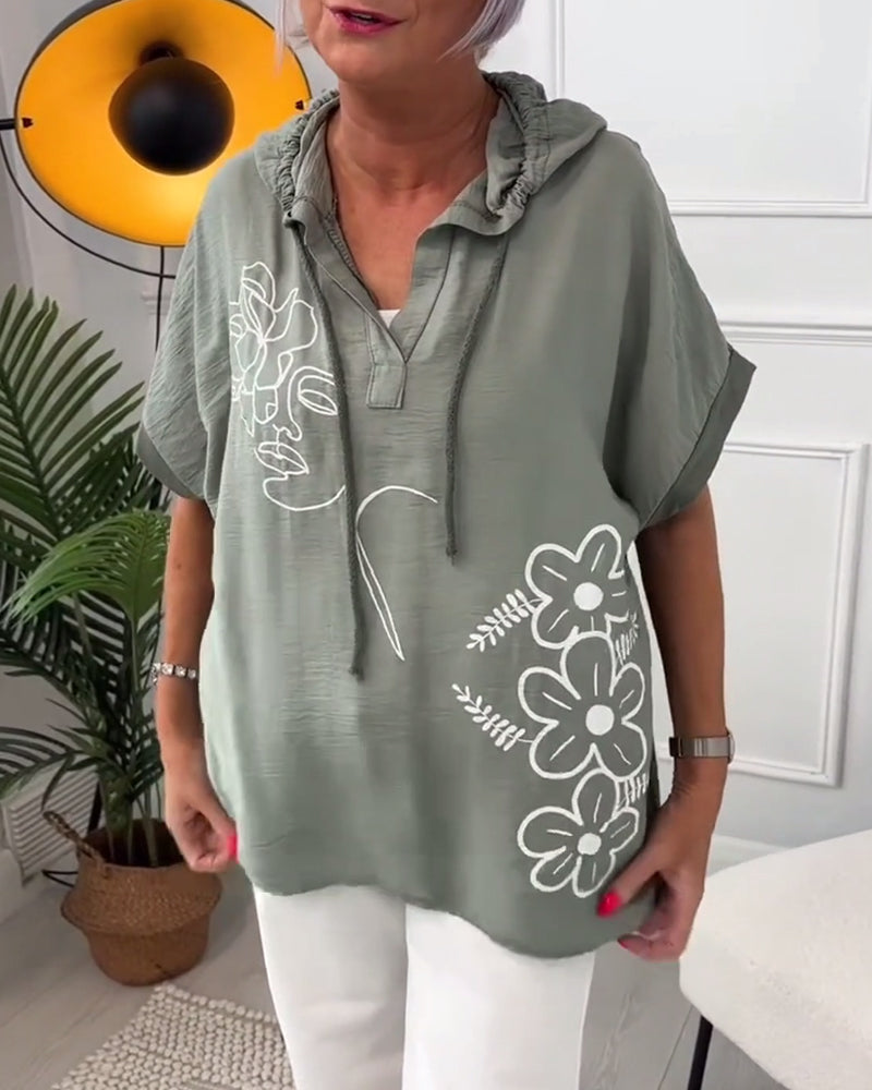 Blouse décontractée à capuche et manches courtes à imprimé floral