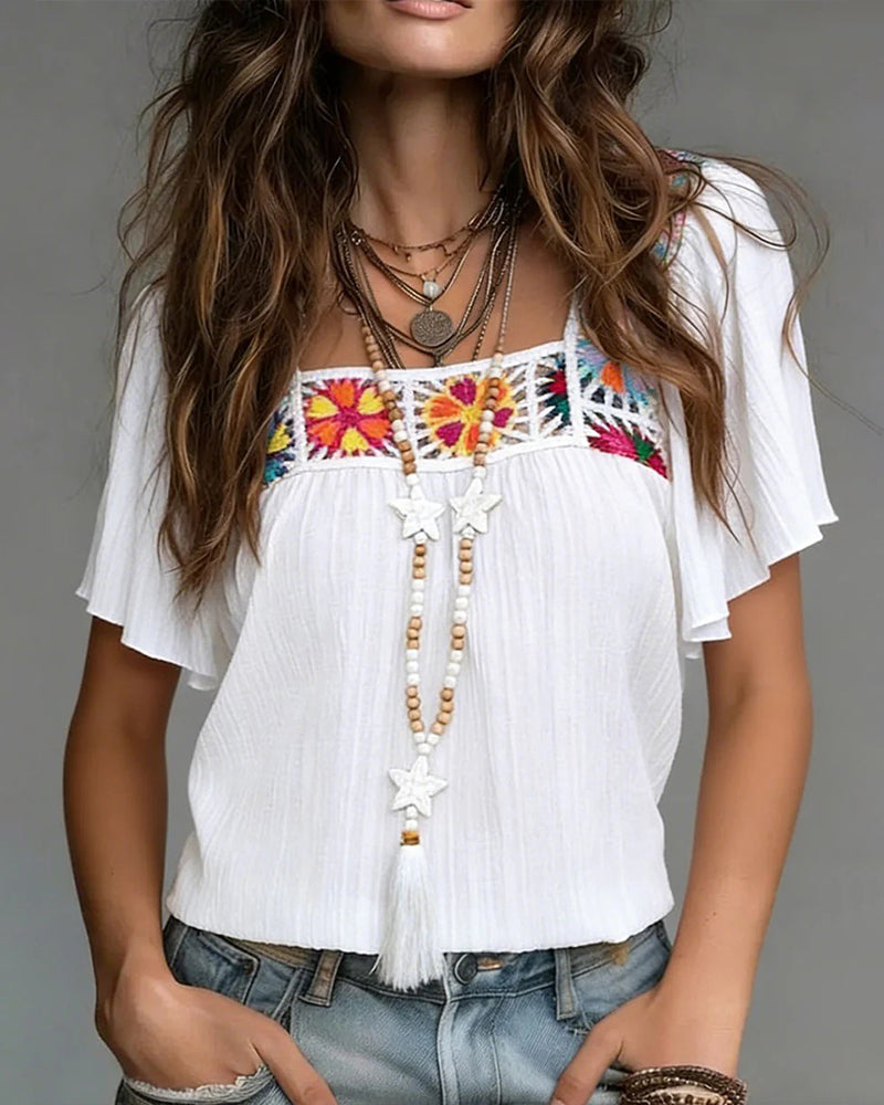 Blouse Colorée À Manches Courtes Et Col Carré