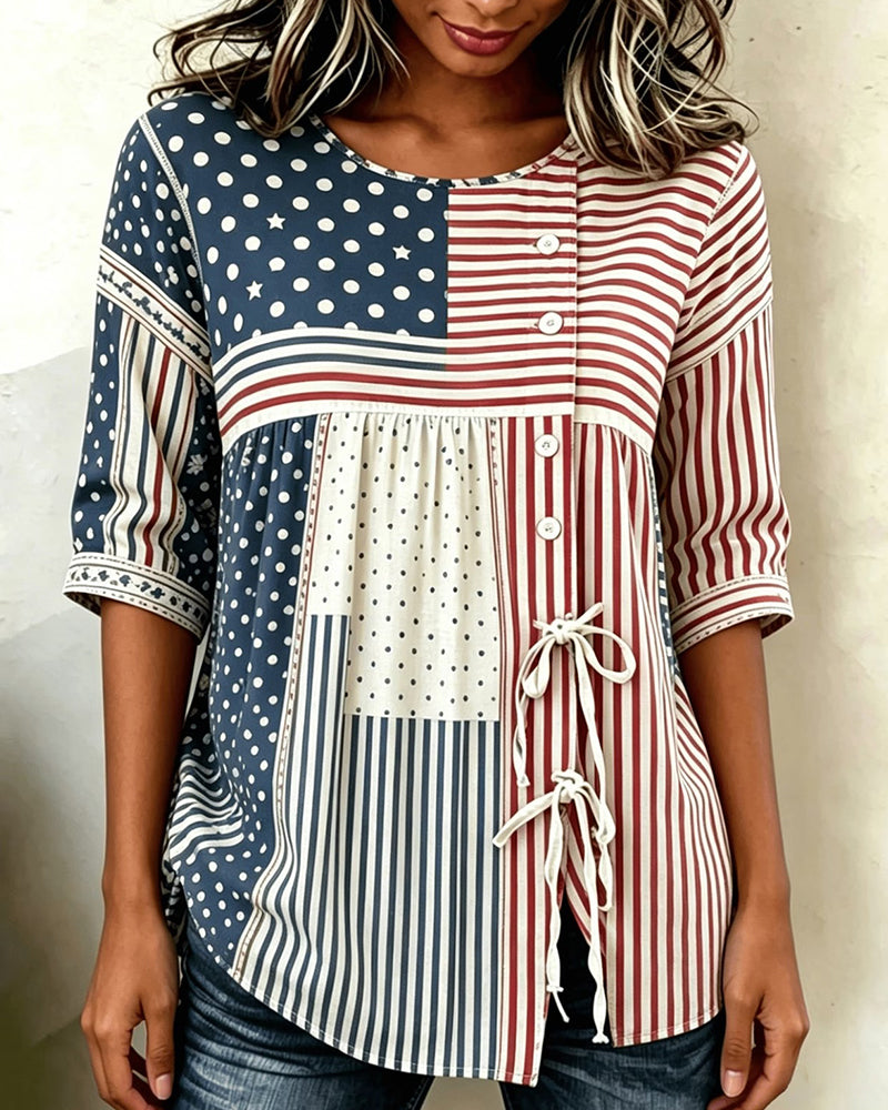 Blouse Drapeau Imprimé Patchwork Cravate