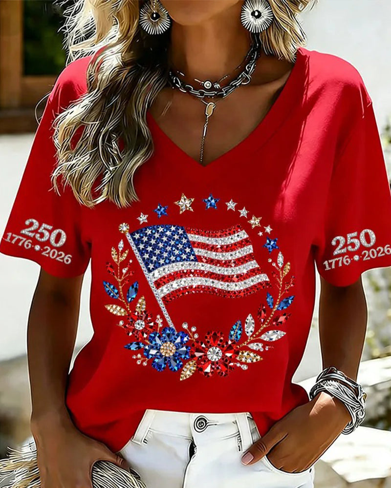 T-Shirt Col V Lettre Floral Manche Courte