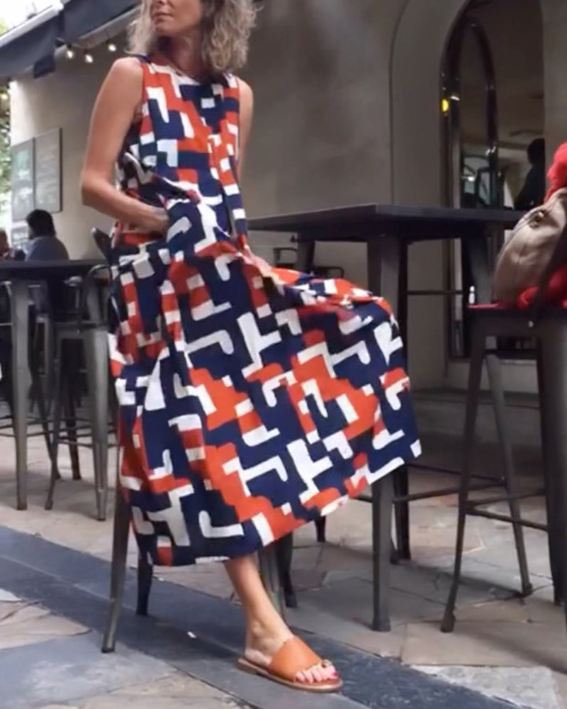 Robe à poches sans manches à imprimé géométrique
