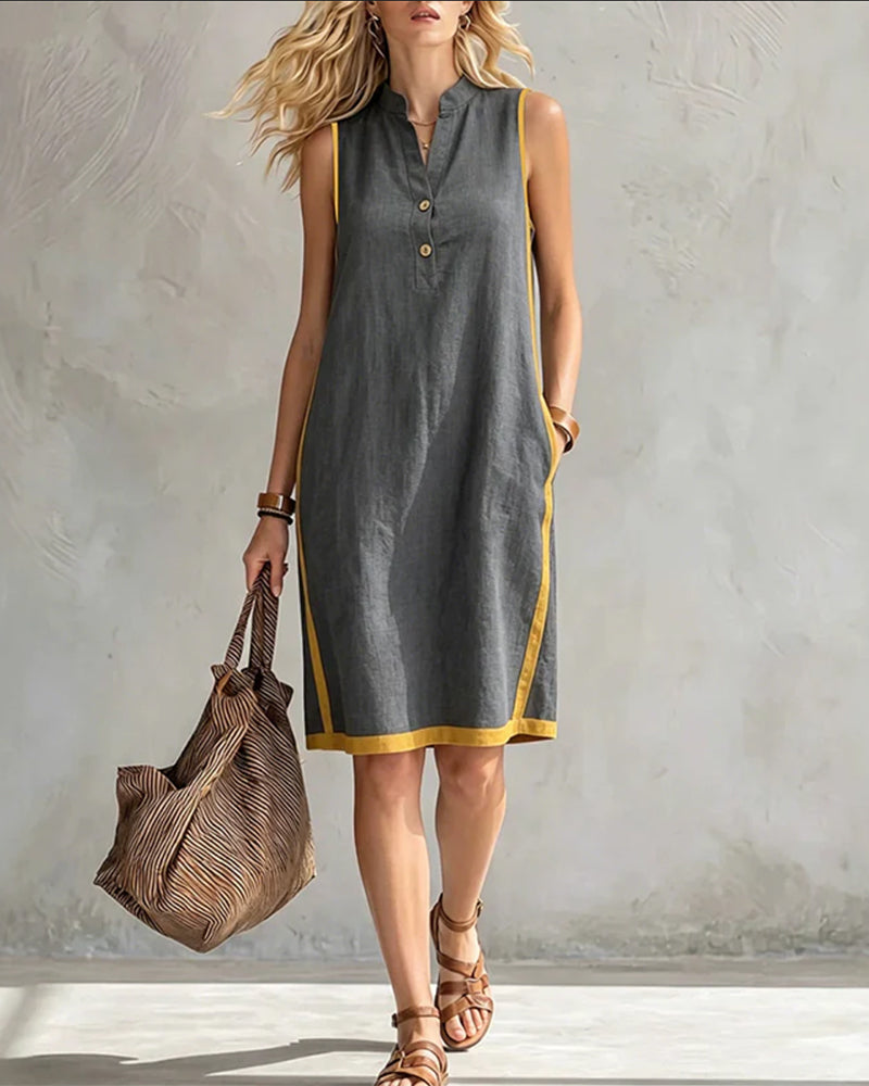 Robe Col Monté Bouton Patchwork Sans Manche