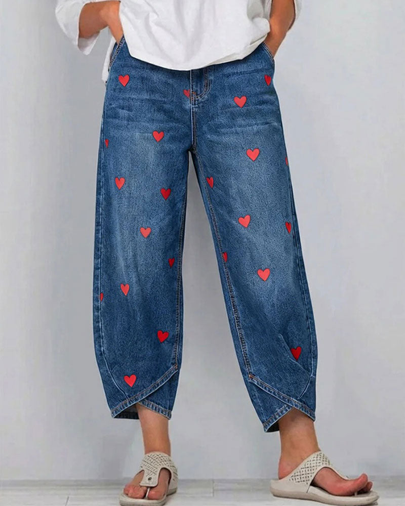 Pantalon Cœur Imprimé Denim Cheville