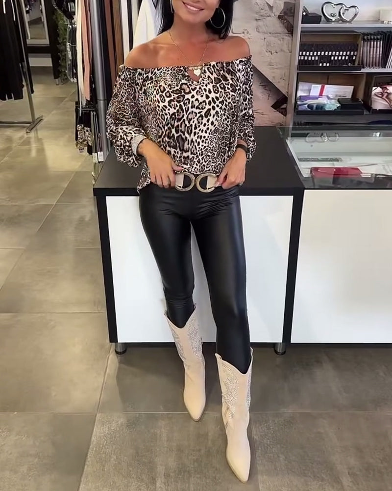 Top À Épaules Dénudées Imprimé Léopard Manches Longues