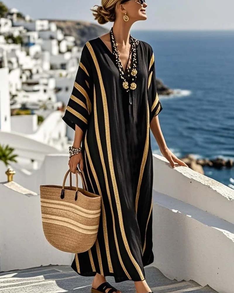 Robe Ample À Col En V À Rayures Verticales