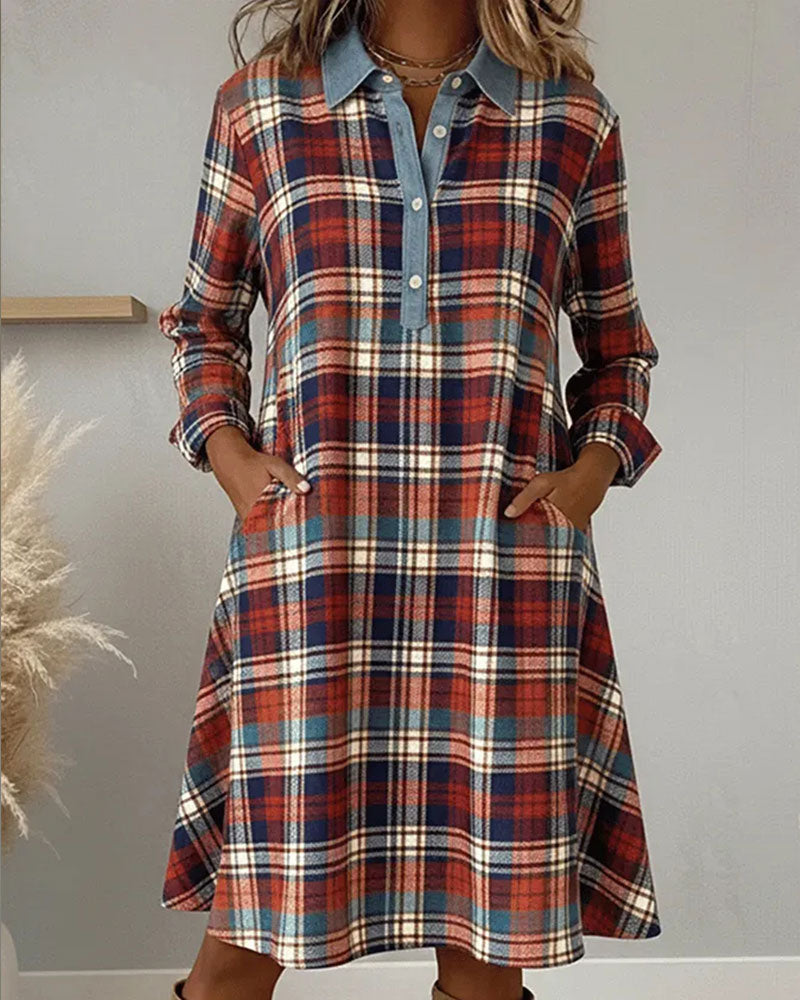 Robe Col À Revers Bouton Poche À Carreaux Assemblé