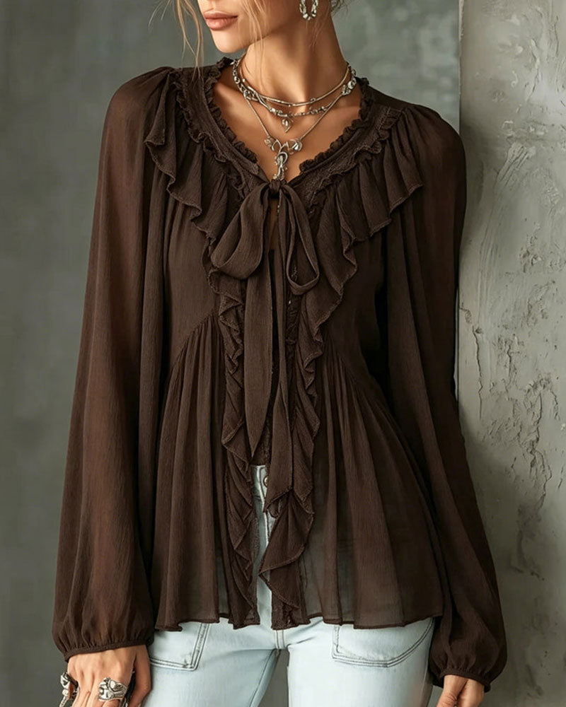 Blouse À Volants Col En V Cravate
