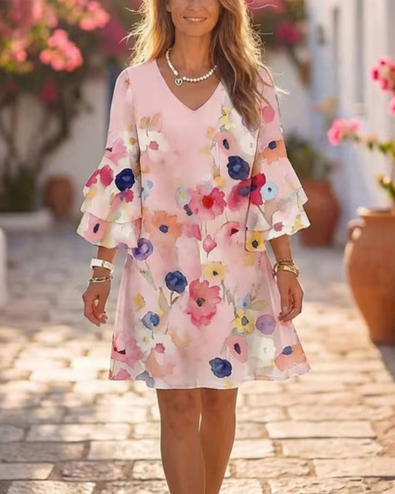 Robe Aquarelle Imprimé Manche Évasée Courte