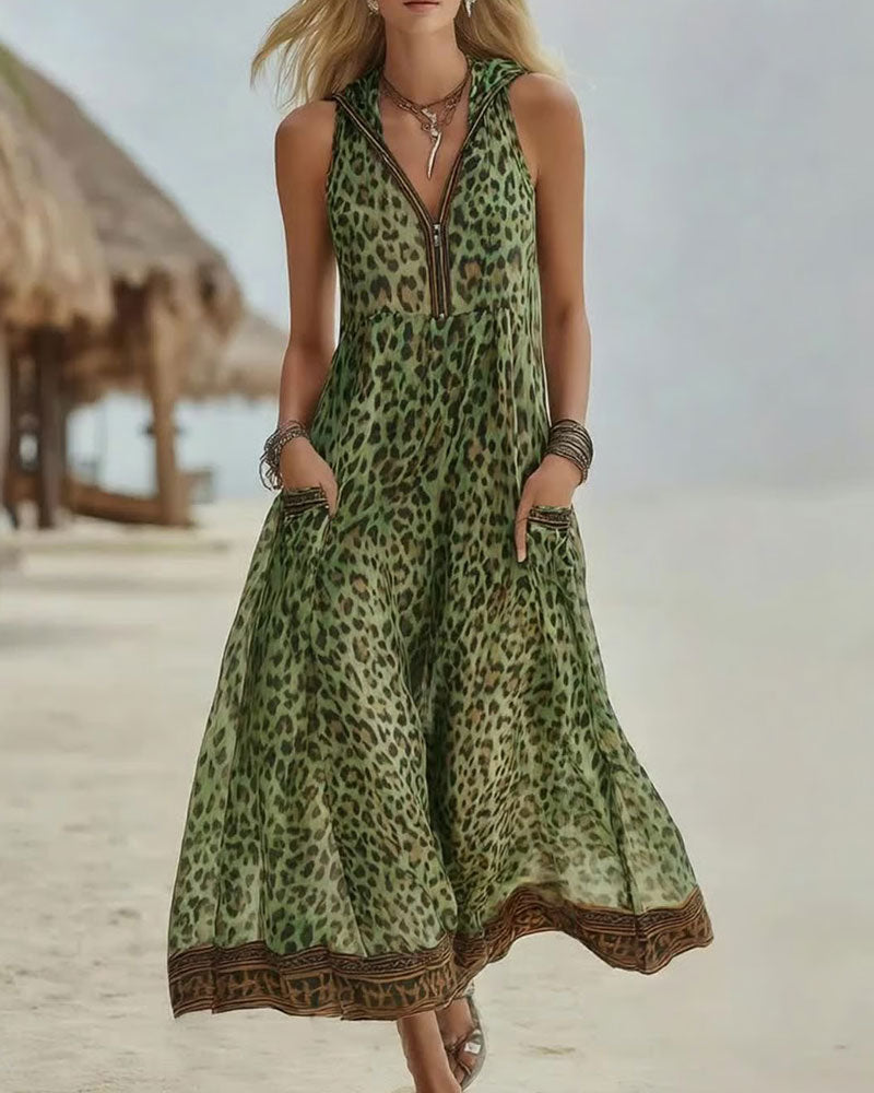 Robe Imprimé Léopard Demi Fermeture Éclair Sans Manches Longue