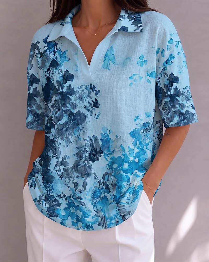 Blouse Encre Lavage Floral Revers Demi Patte