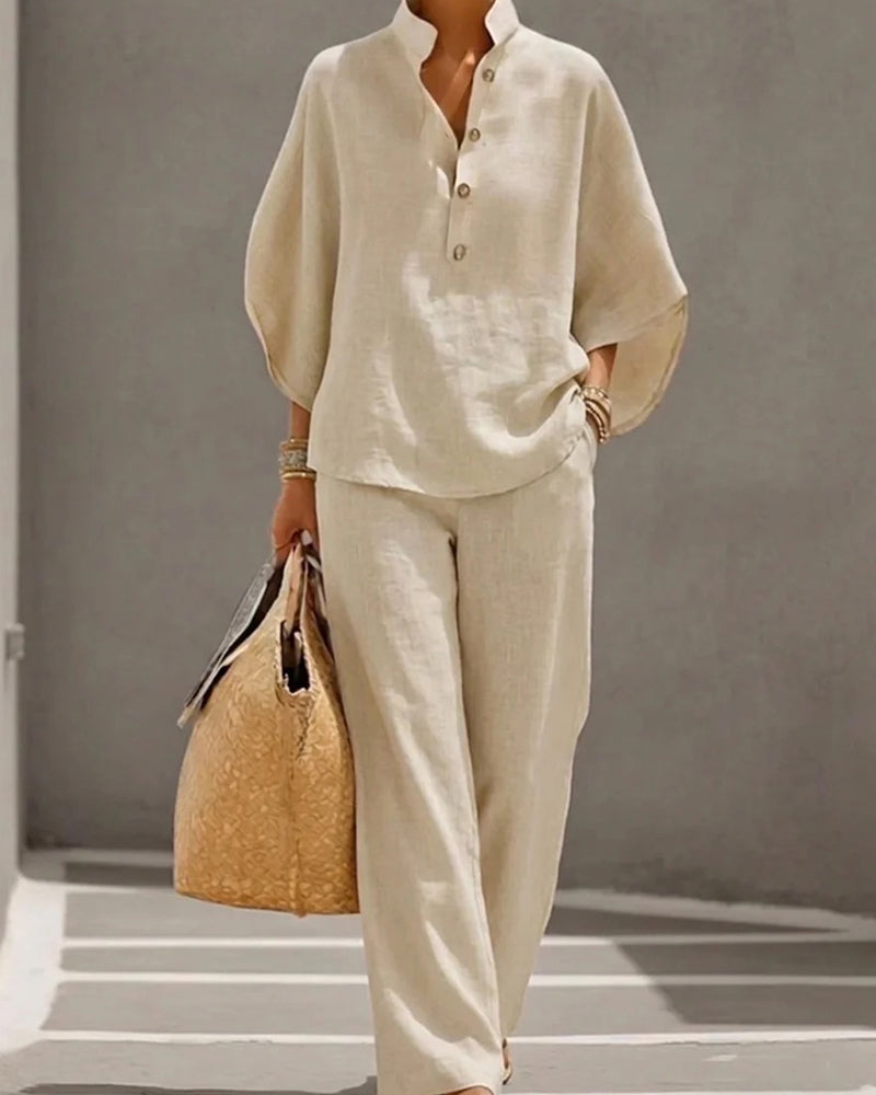Ensemble Col Monté Manche Chauve-Souris Large Jambe Pantalon