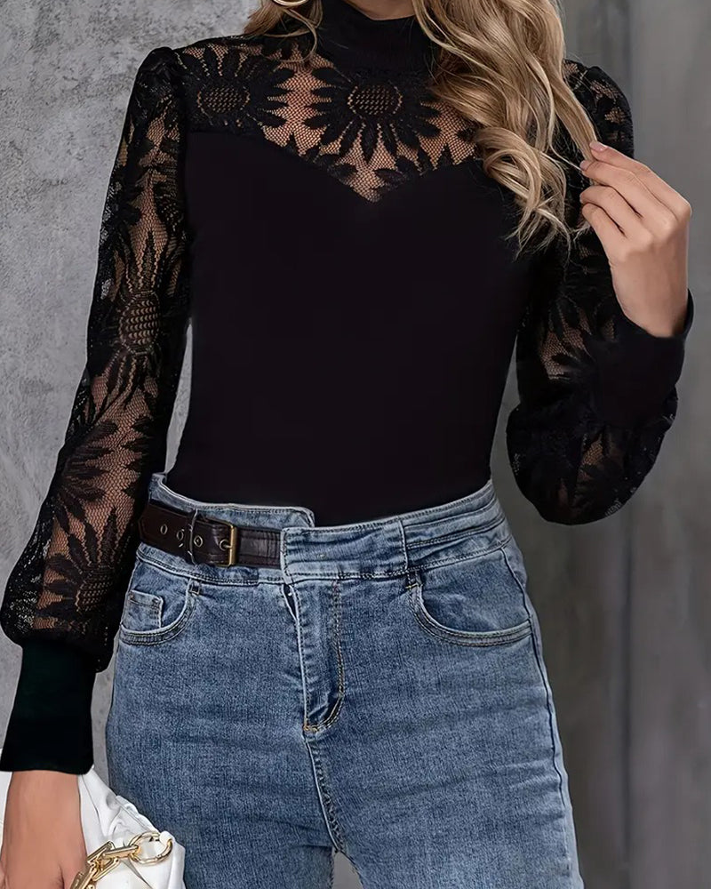 Haut Col Roulé Transparent Patchwork Manches Longues