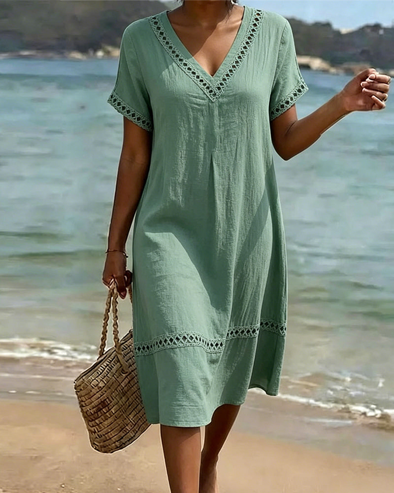 Robe Col En V Découpée Manches Courtes Unie Longue
