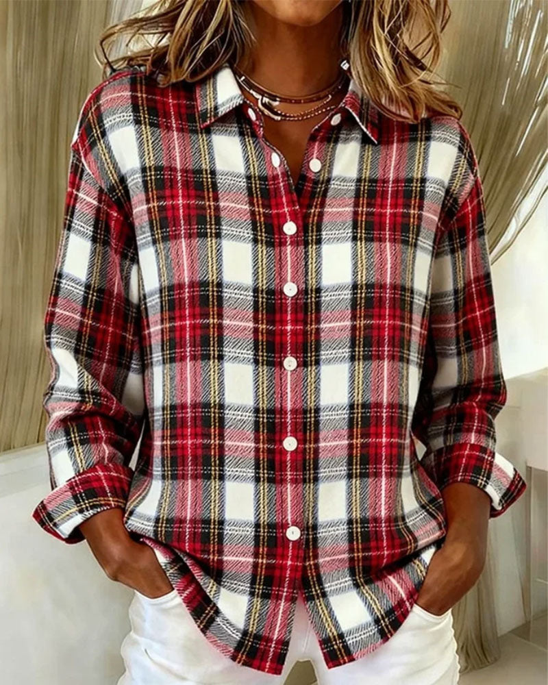 Chemise Revers Bouton À Carreaux Manches Longues