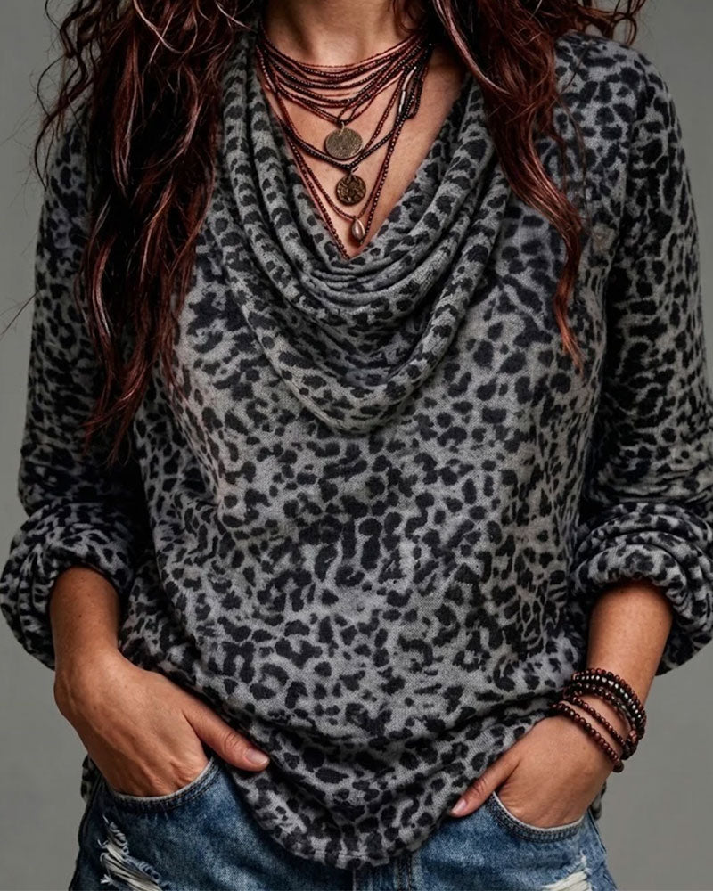 Blouse Col Mock Léopard Manche Longue