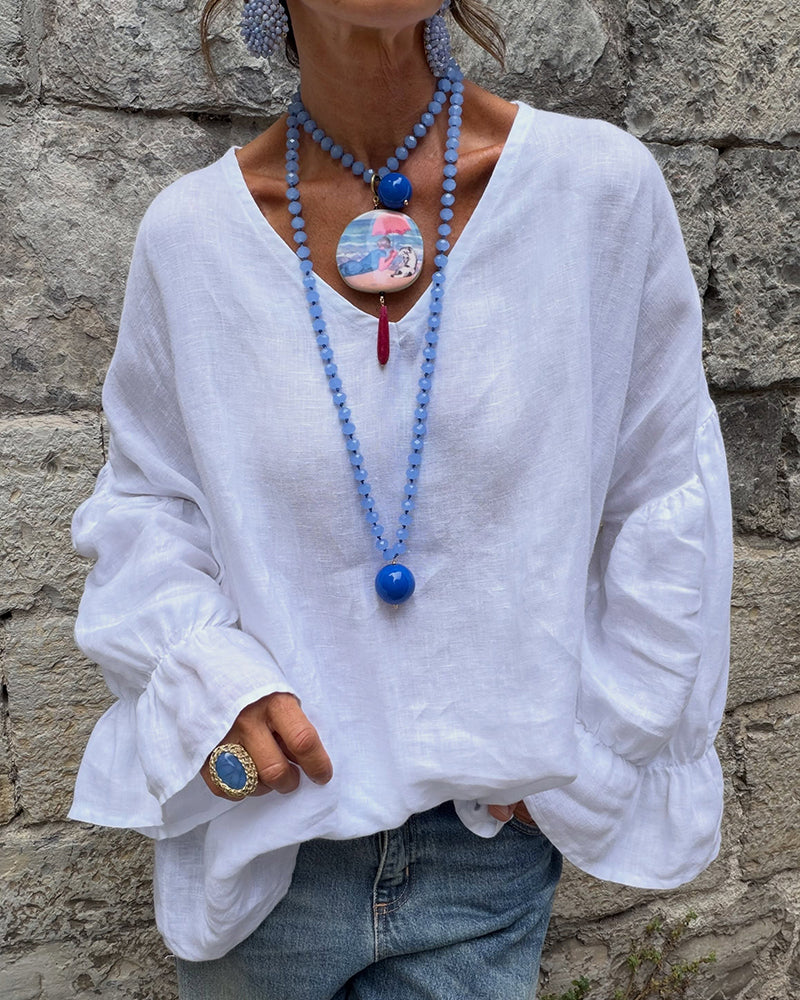 Blouse Col En V Volant Décontractée Unie
