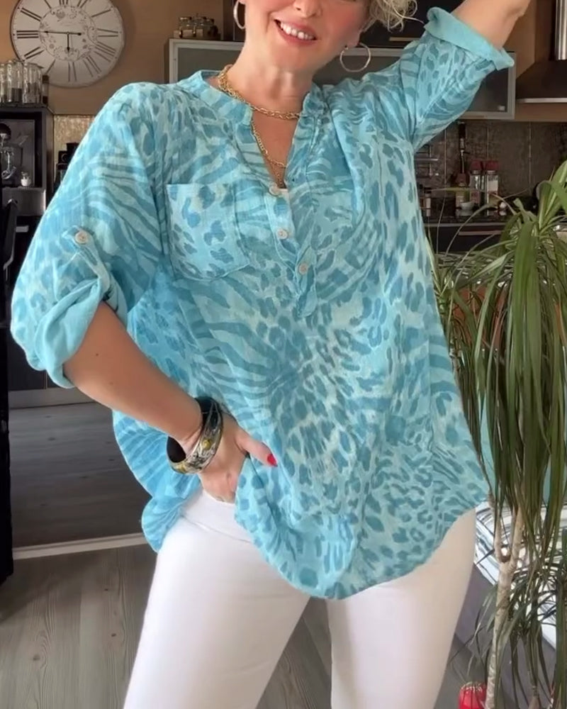 Blouse imprimée col V poche boutonnée manches trois-quarts