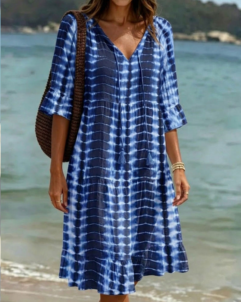 Robe Col V Ton Bleu Imprimé