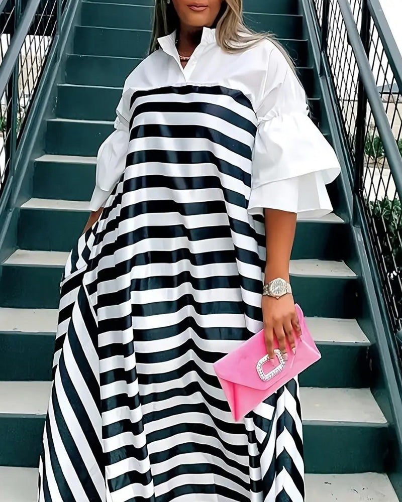 Robe Manche Évasée Col Montant Rayé