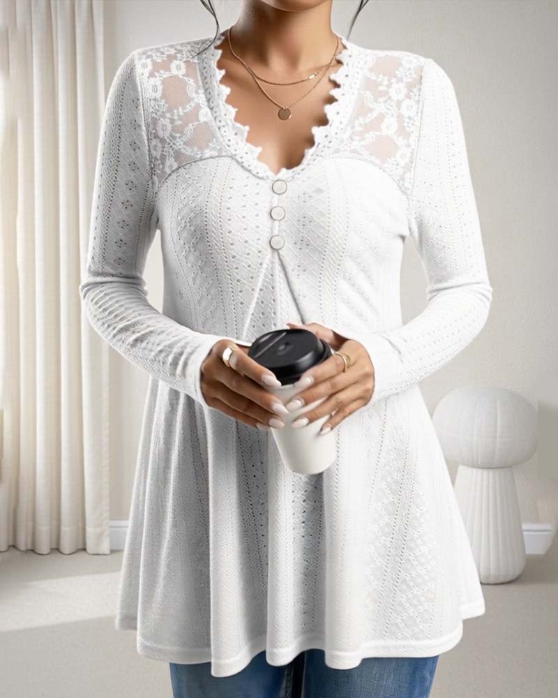 Haut Panneau De Dentelle Col V À Boutons