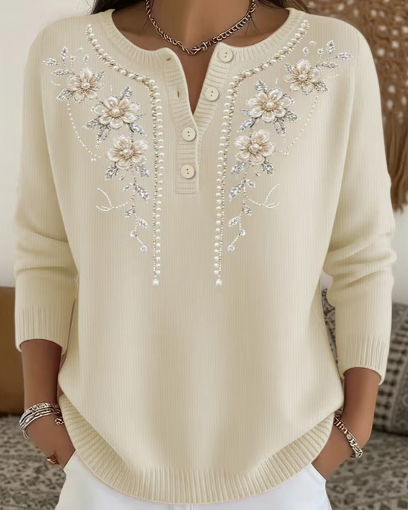 Sweat Col Rond Boutonnage Fleuri Manches Longues