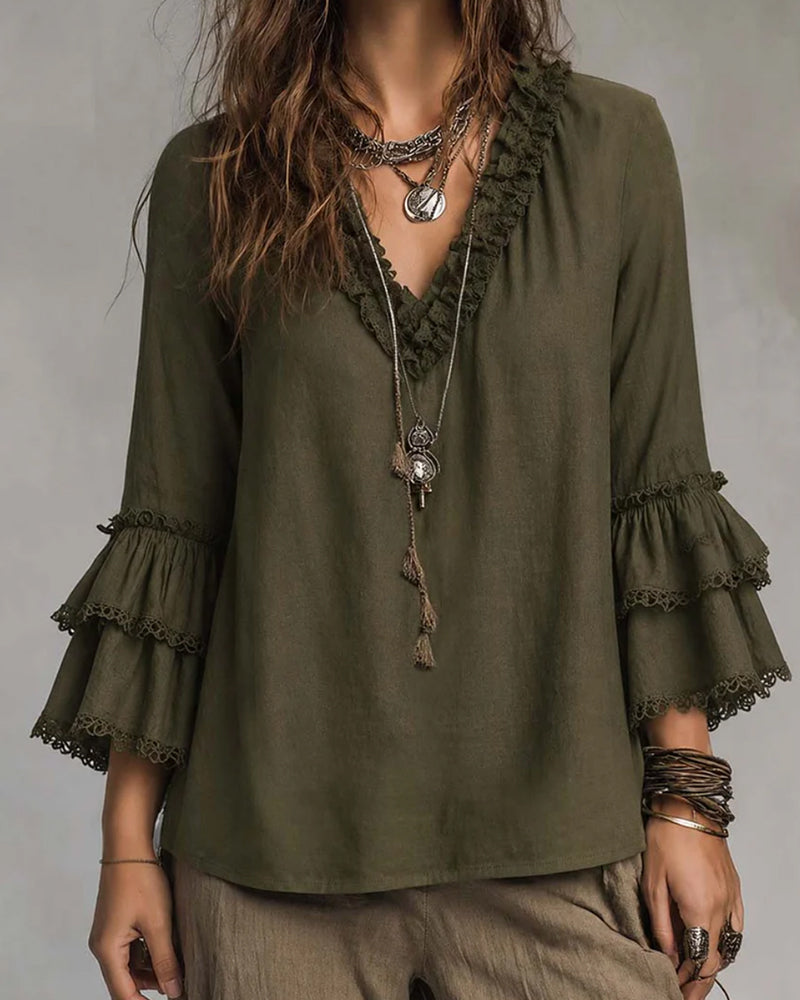 Blouse Col En V Manche Deux Niveaux Volant