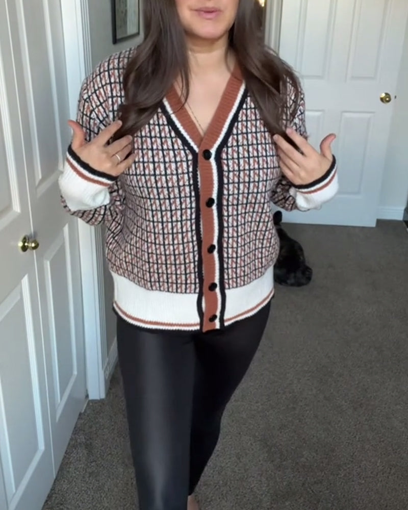 Cardigan décontracté à carreaux à manches longues