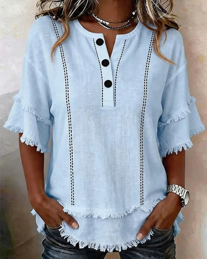 Blouse Col V Volant Couche Demi Patte Bouton