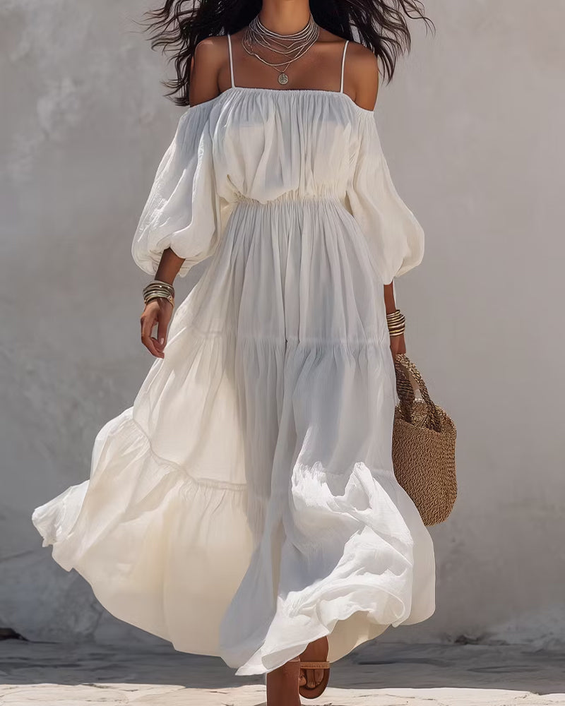 Robe Hors Épaule Fine Bretelle Manche Lanterne