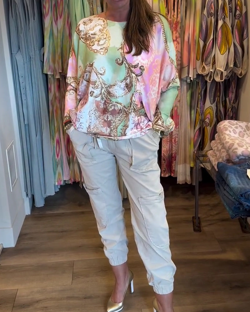 Haut Imprimé Ample Drop Épaule Manche Longue