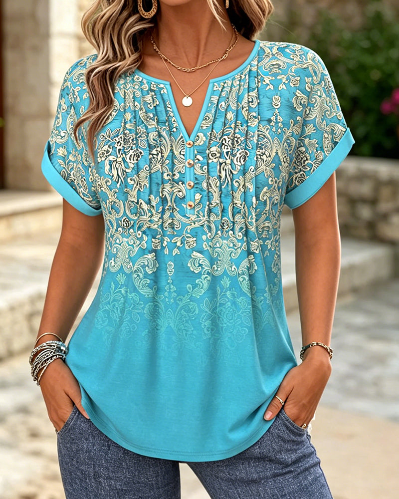 Blouse Dégradé Fleuri Manches Courtes
