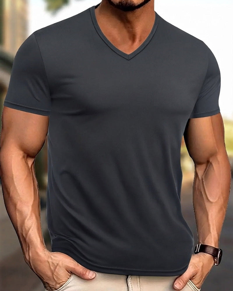 T-Shirt Couleur Unie Col V Décontracté Homme