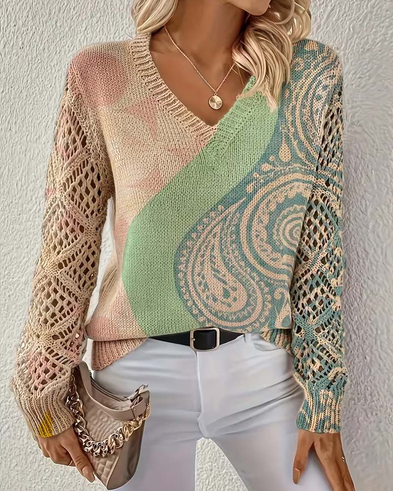 Pullover Bloc De Couleur Évidé Col En V Tricoté