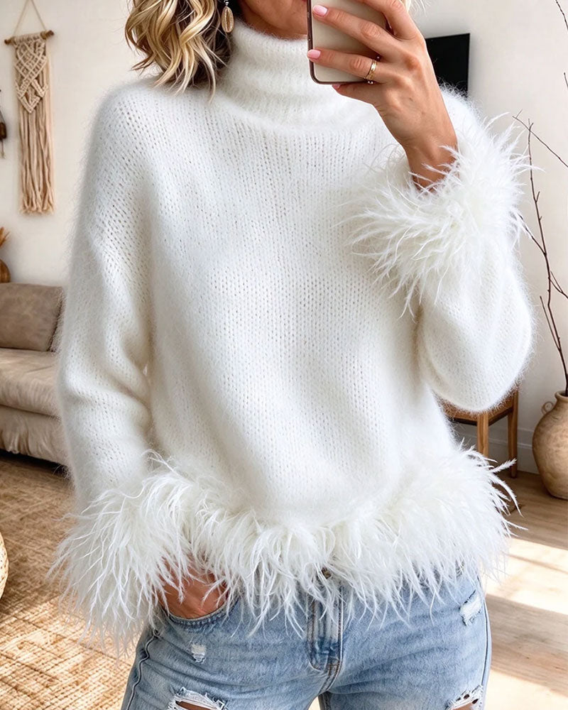 Pullover Col Roulé Plume Patchwork Poignet
