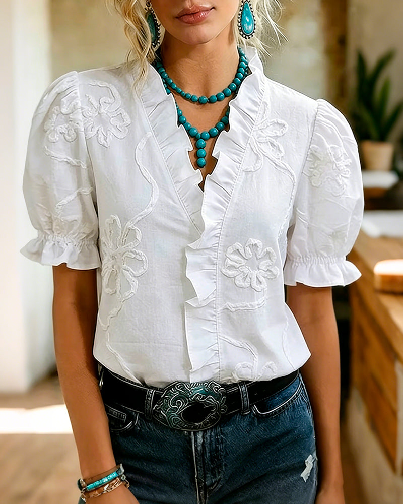 Blouse Col En V Bordure Volantée Manche Bouffante