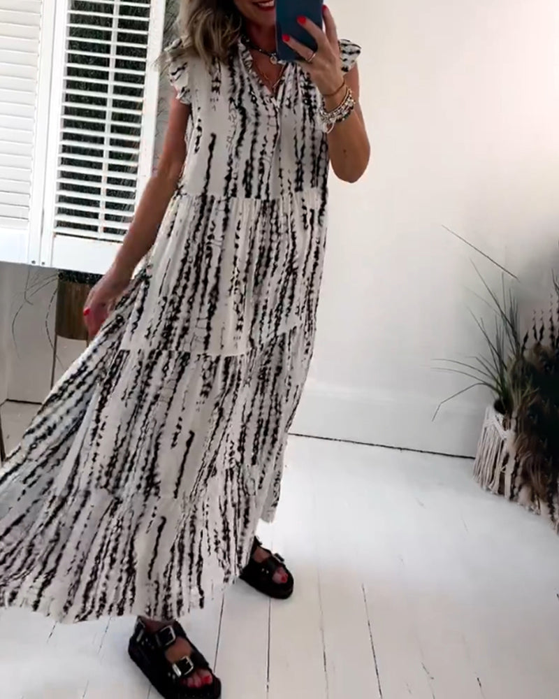 Robe à col en V imprimée à manches volantes