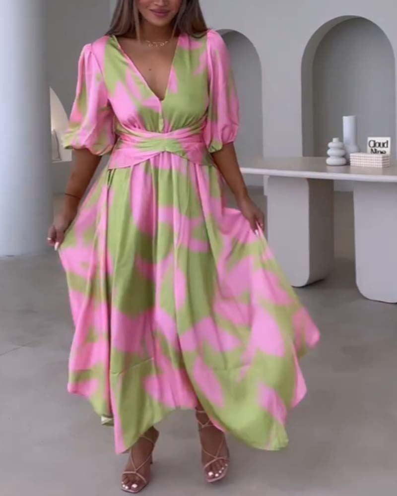 Robe élégante imprimée à manches mi-longues et décolleté en V