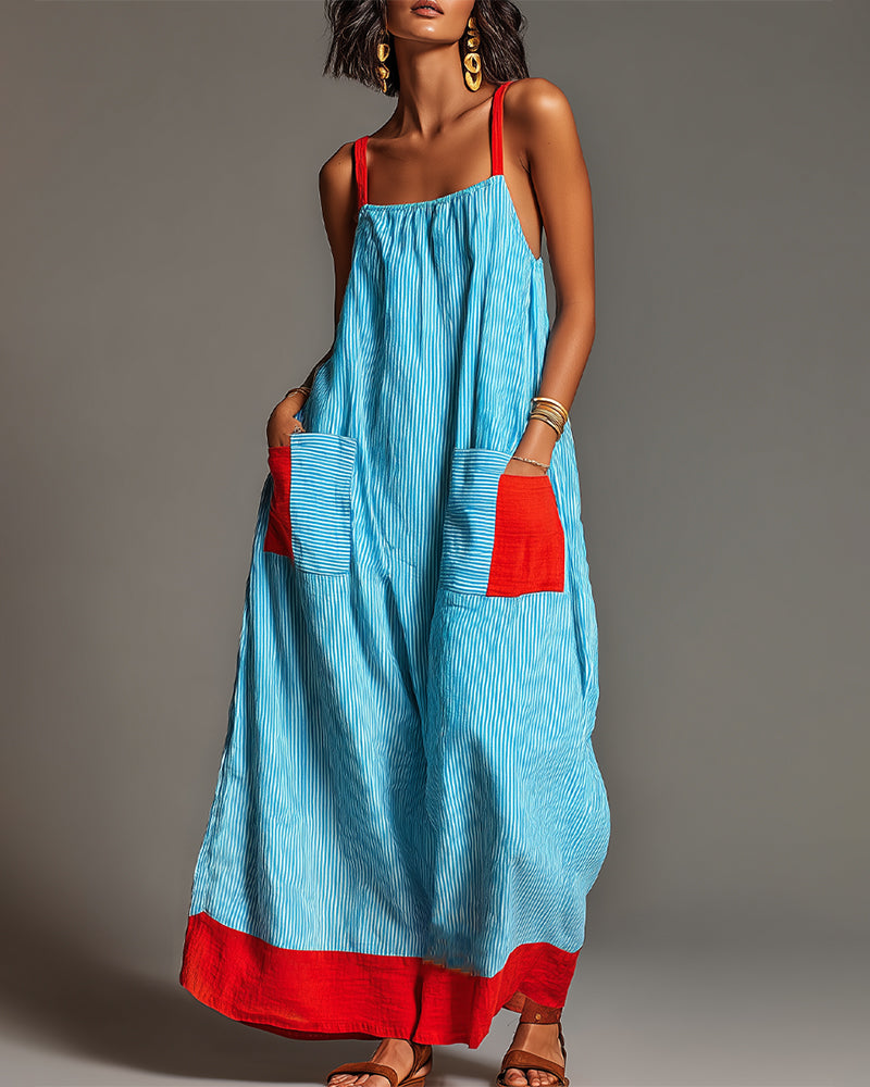 Robe Bleu Rouge Bloc Couleur Rayure Camisole