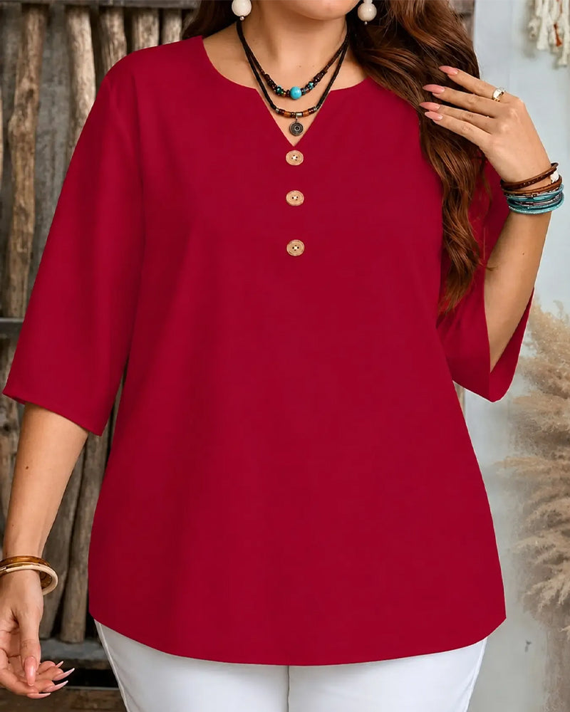 Blouse Col V Bouton Uni Manche Trois Quarts