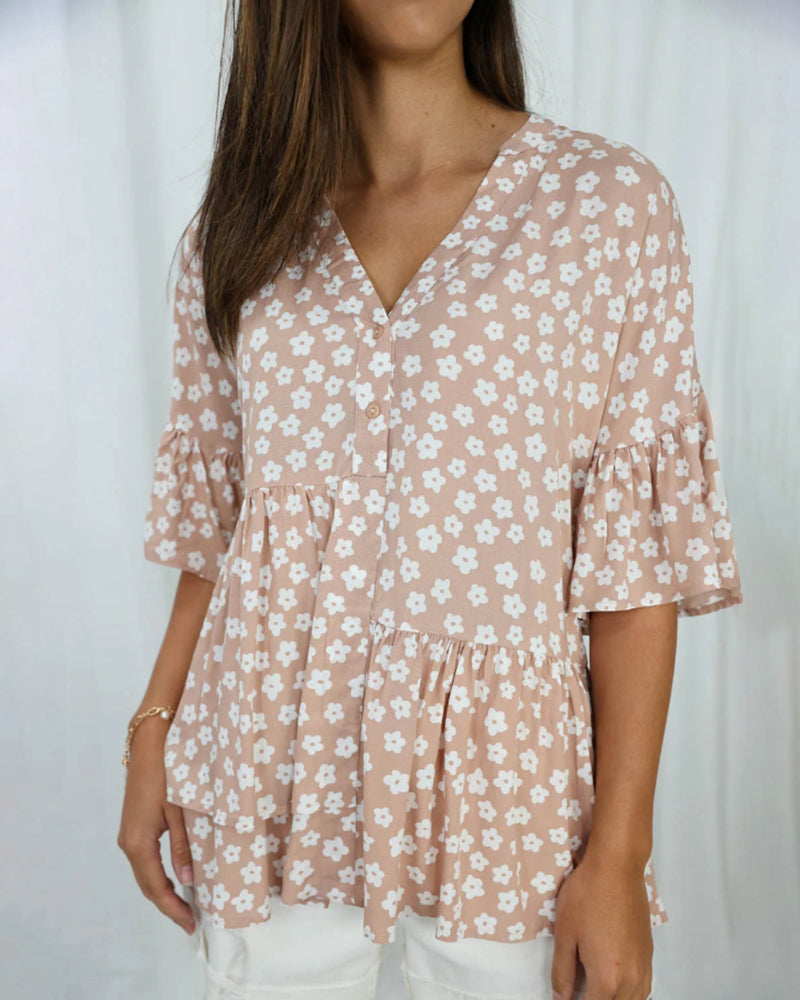 Blouse fleurie col V manches cloche