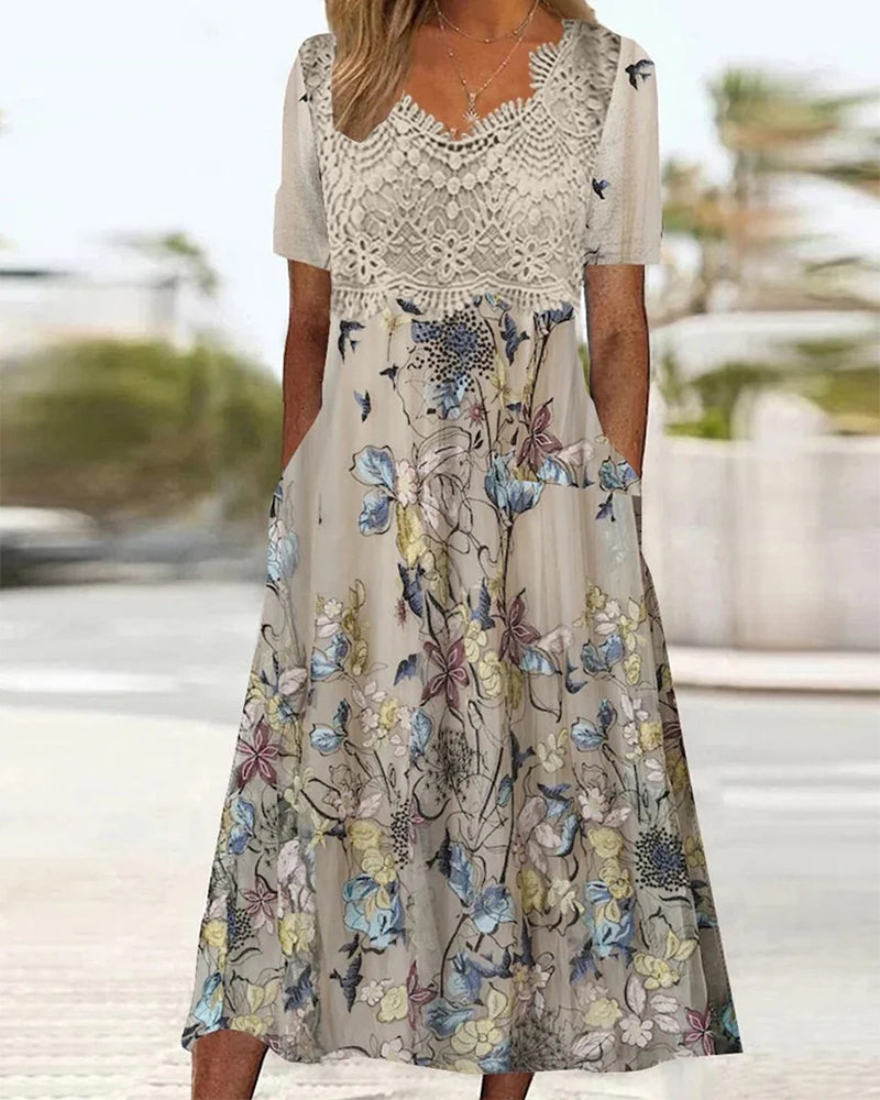 Robe Dentelle Patchwork Florale Oiseau Imprimé