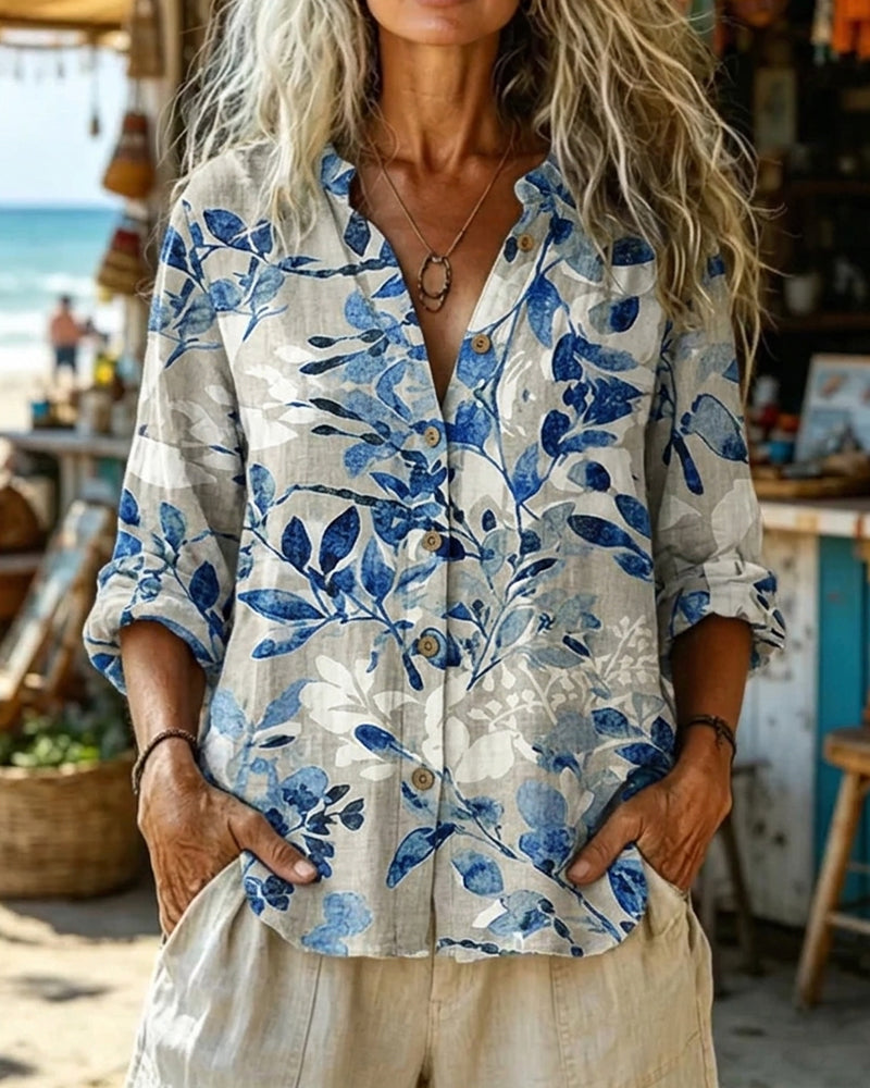 Blouse Col Montant Peinture À L'Encre Fleurie