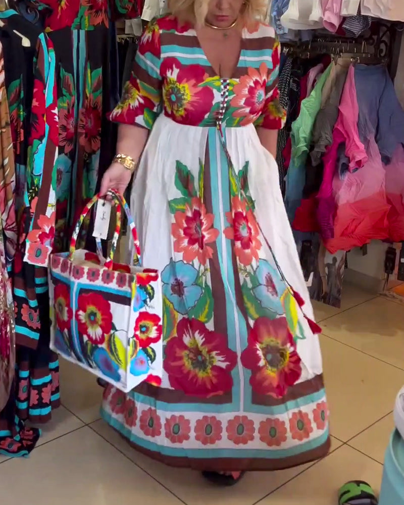 Robe florale décontractée ample en V profond