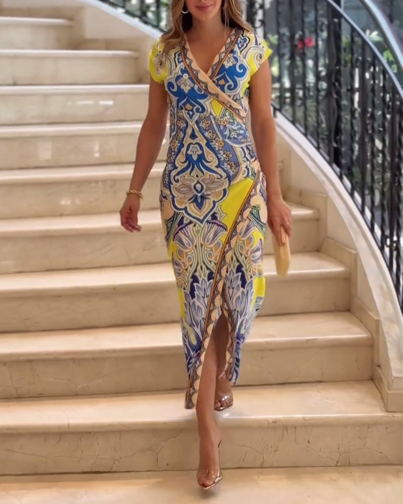 Robe élégante à col en V imprimé vintage