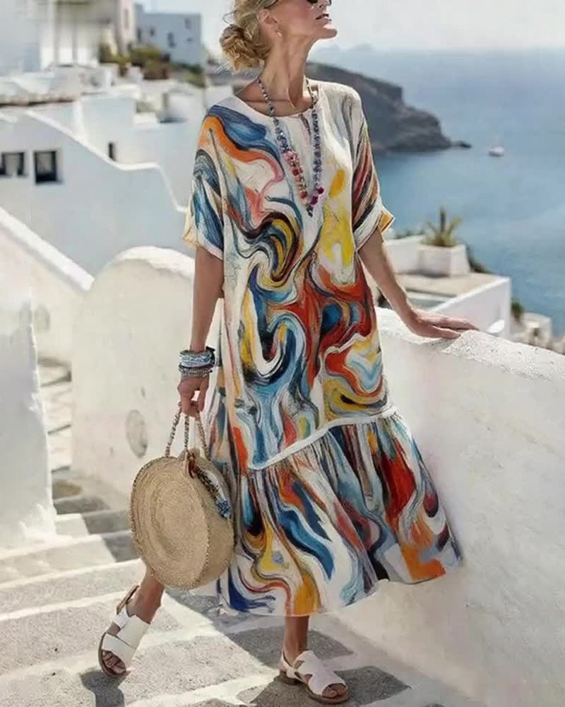 Robe Col Rond Peinture À L'Huile Imprimé