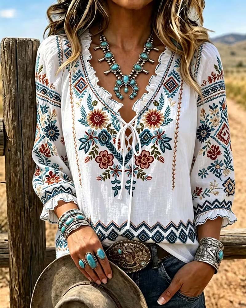 Blouse Col V Bohème Volant