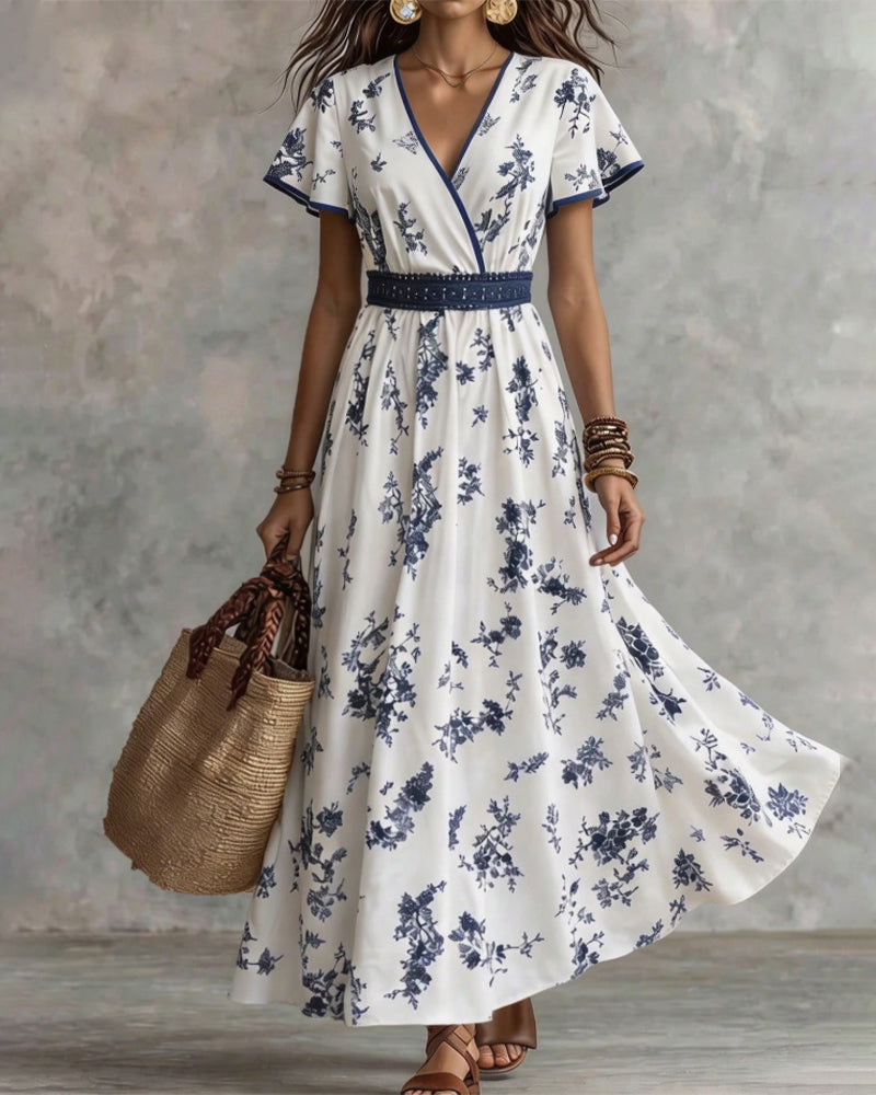 Robe Col V Taille Cintrée Florale Maxi