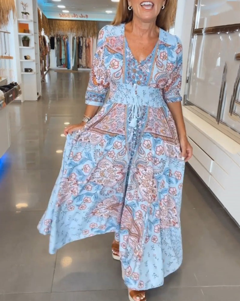 Robe de vacances à col en V et manches 3/4