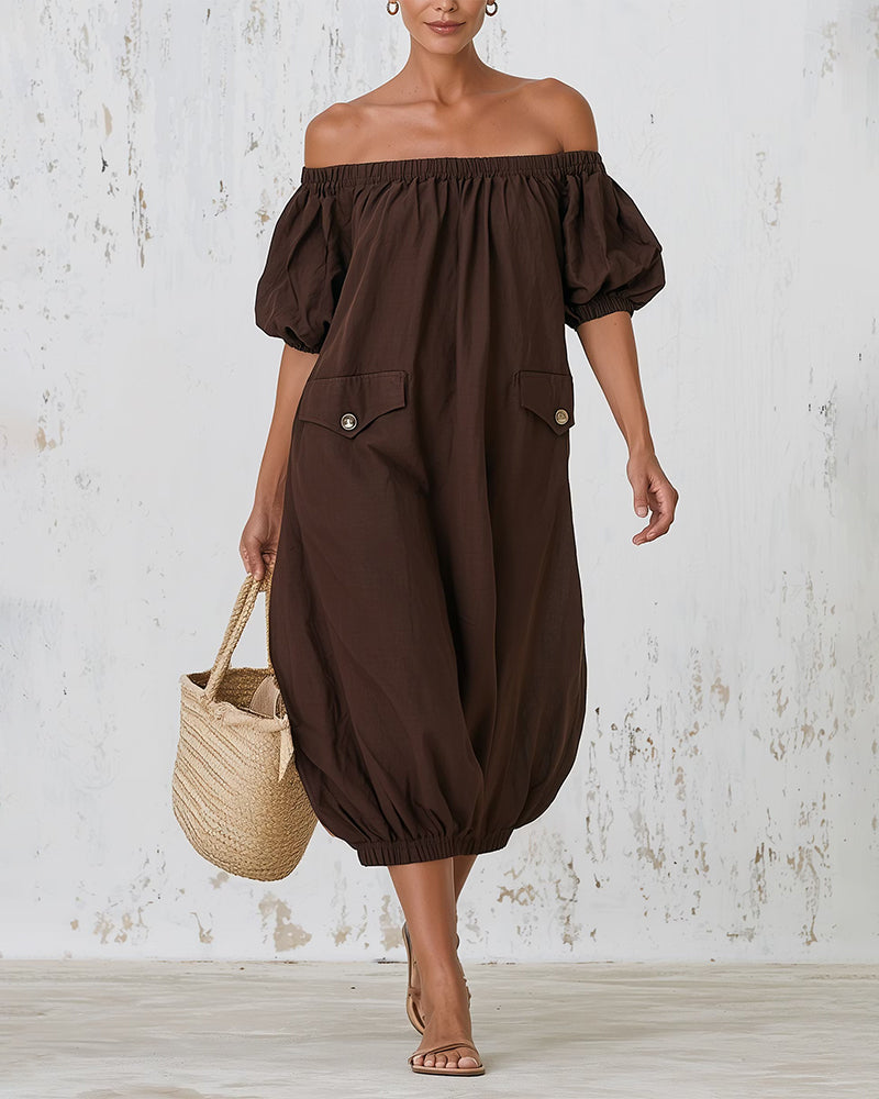 Robe Off-Épaule Manche Bouffante Poche